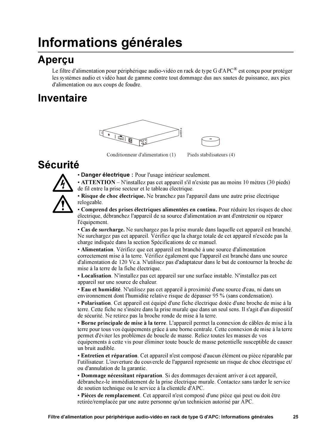 APC 120V, G5BLK, 15A manual Informations générales, Aperçu, Inventaire, Sécurité 