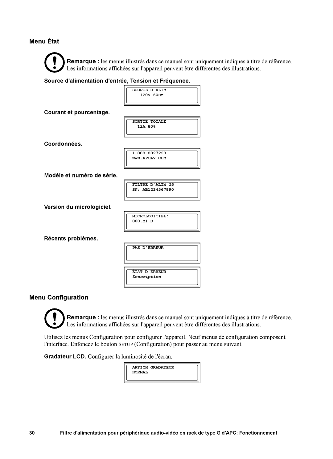 APC 15A, G5BLK, 120V manual Menu État, Menu Configuration 