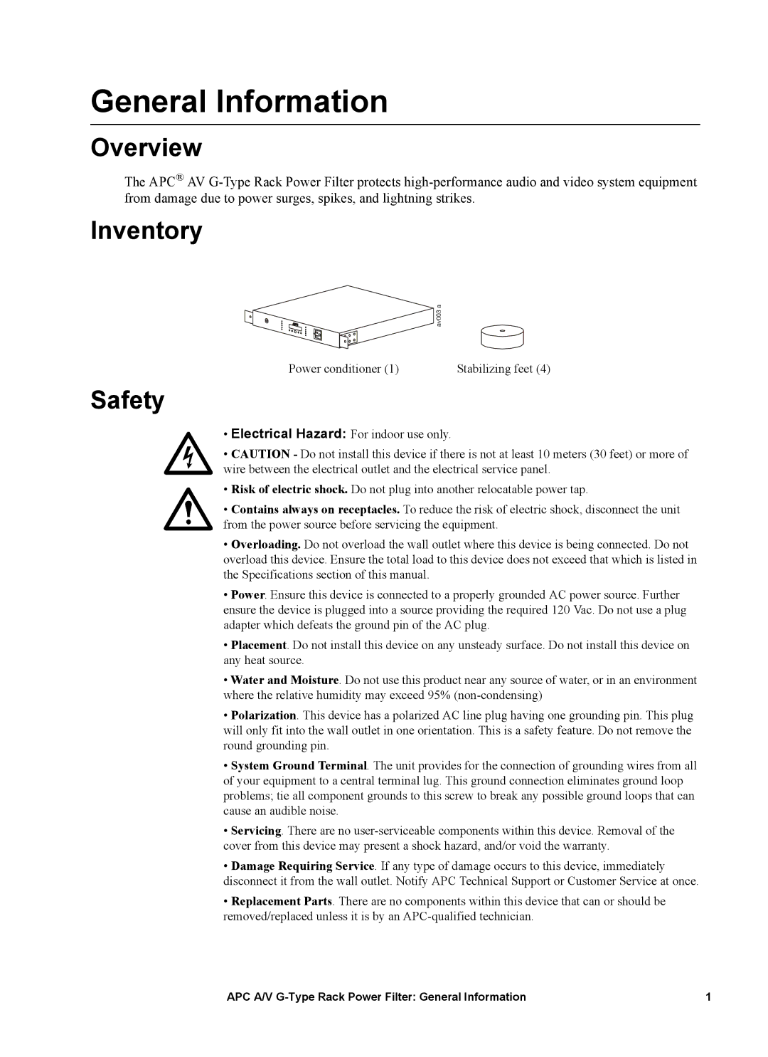 APC 120V, G5BLK, 15A manual General Information, Overview, Inventory, Safety 