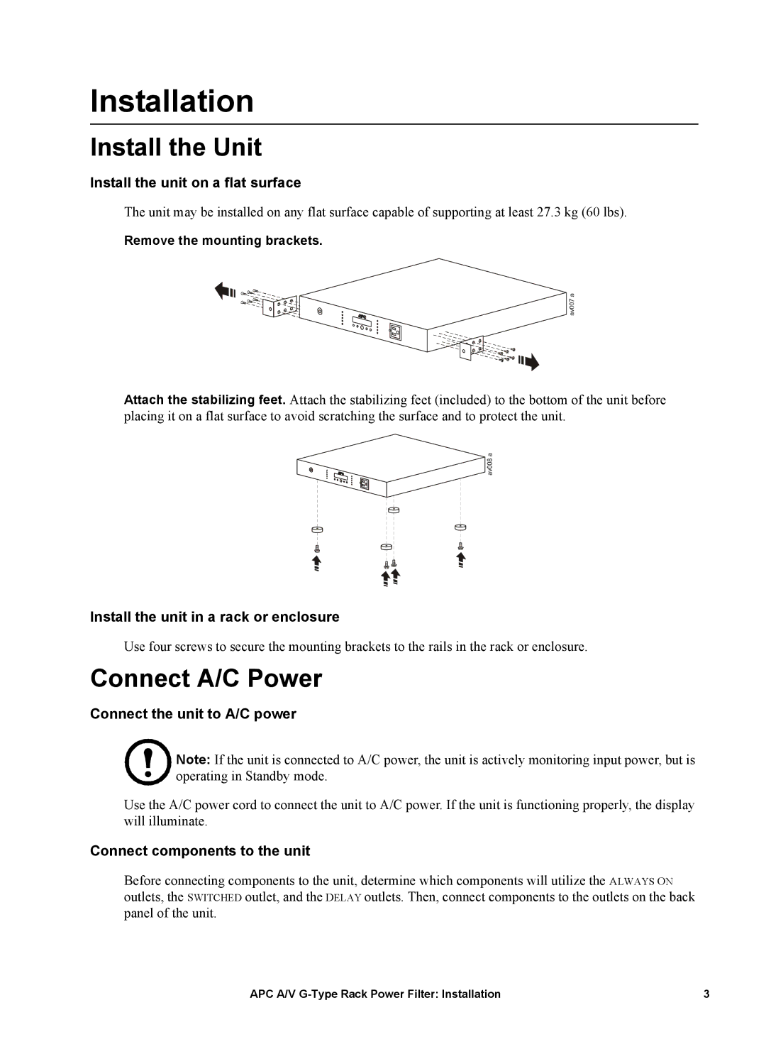 APC 15A, G5BLK, 120V manual Installation, Install the Unit, Connect A/C Power 