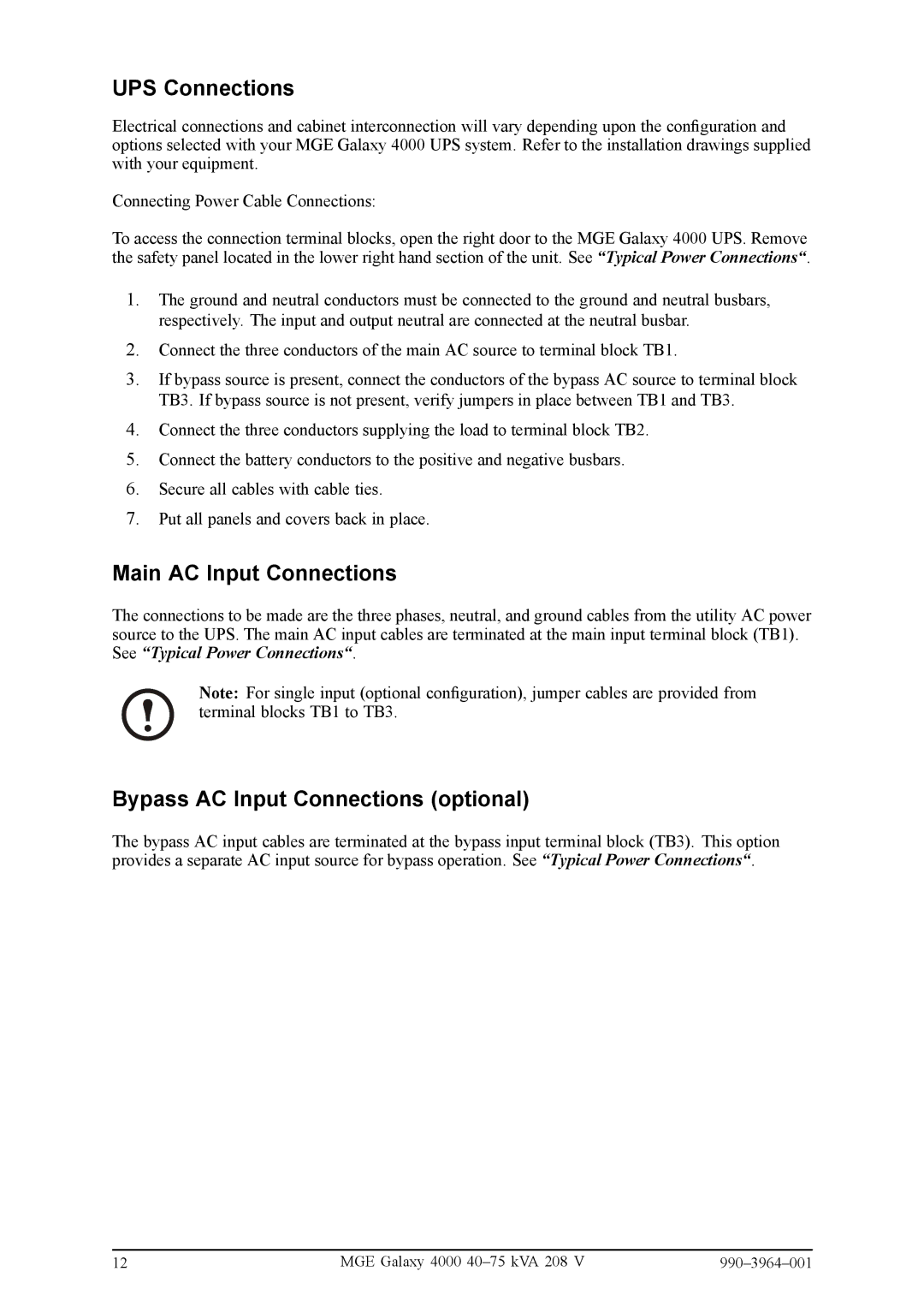 APC GLF50KF, 4075KVA208V, 4000 manual UPS Connections, Main AC Input Connections, Bypass AC Input Connections optional 