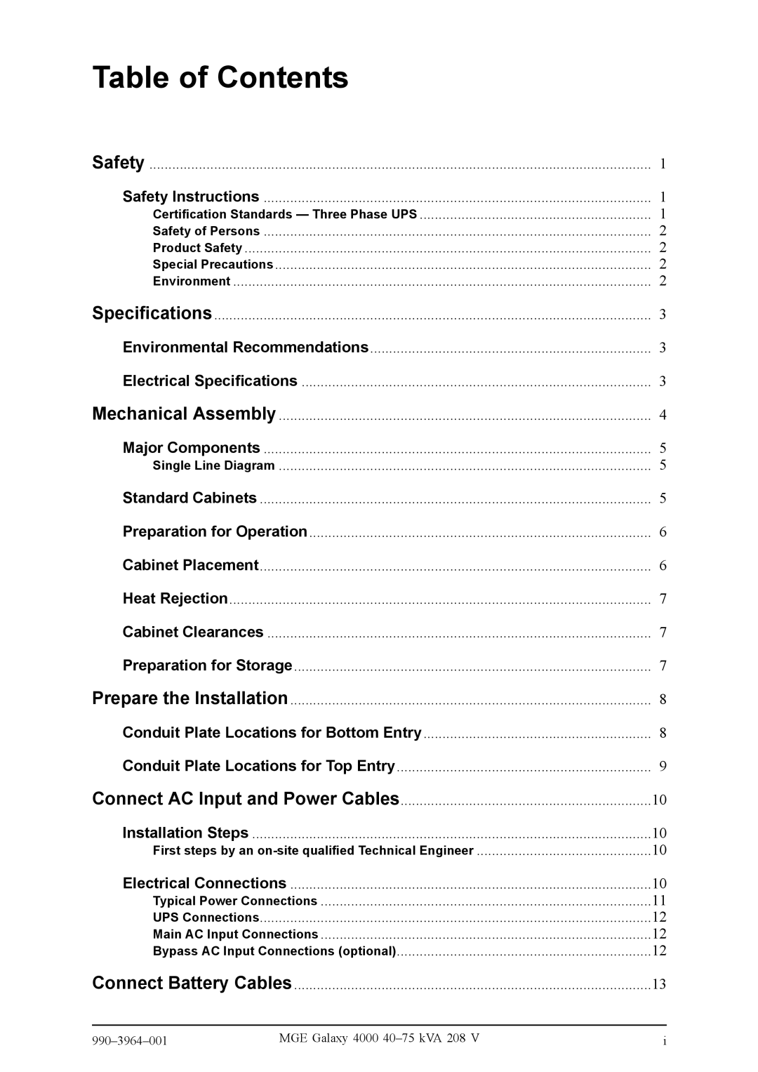 APC 40004075KVA208Vi, GLF50KF manual Table of Contents 