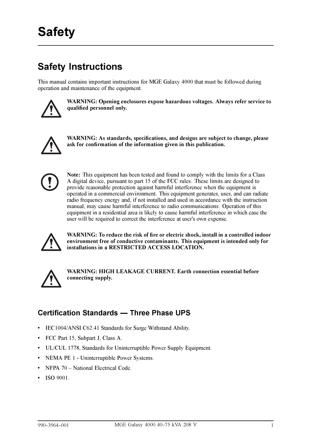 APC GLF50KF, 40004075KVA208Vi manual Safety Instructions, Certification Standards Three Phase UPS 