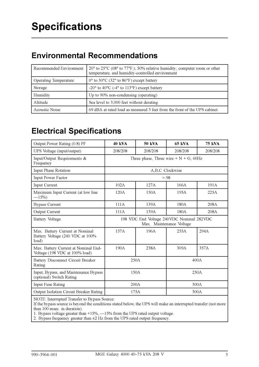 APC 40004075KVA208Vi, GLF50KF manual Environmental Recommendations, Electrical Specifications 