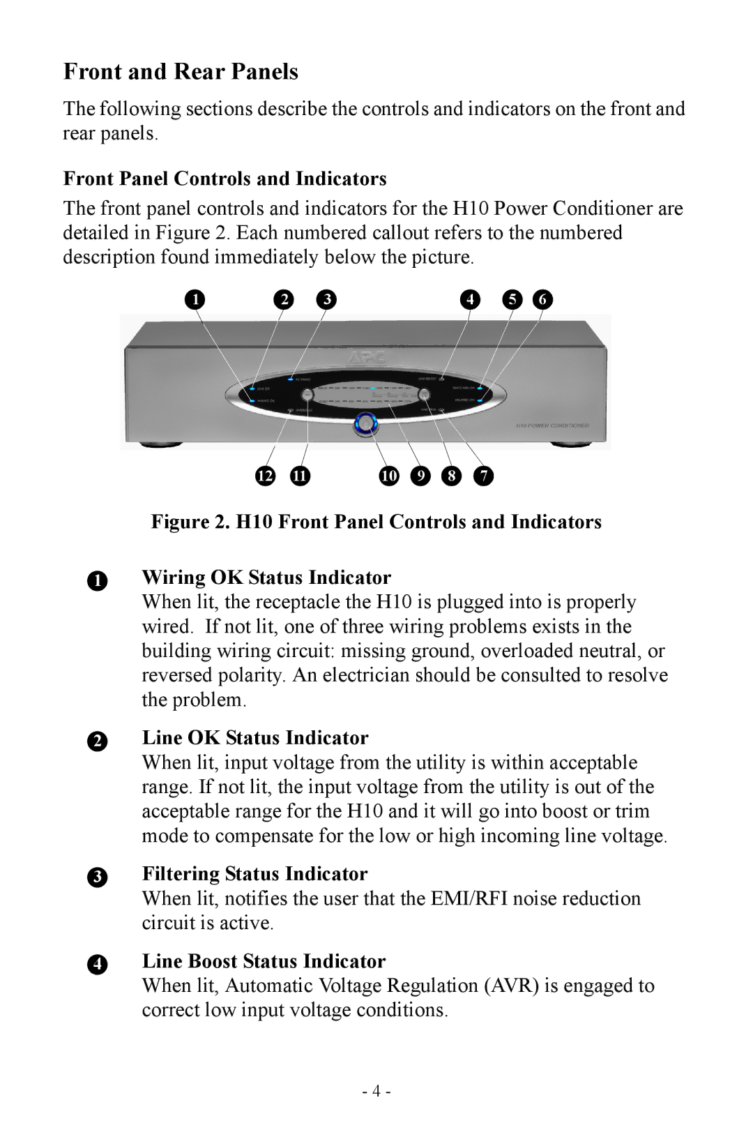 APC H10 Front and Rear Panels, Front Panel Controls and Indicators, Line OK Status Indicator, Filtering Status Indicator 