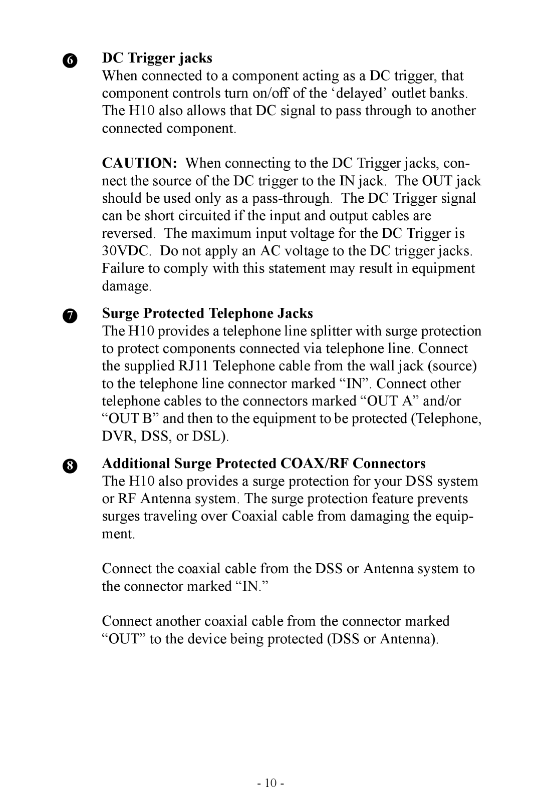 APC H10 manual DC Trigger jacks, Surge Protected Telephone Jacks, Additional Surge Protected COAX/RF Connectors 