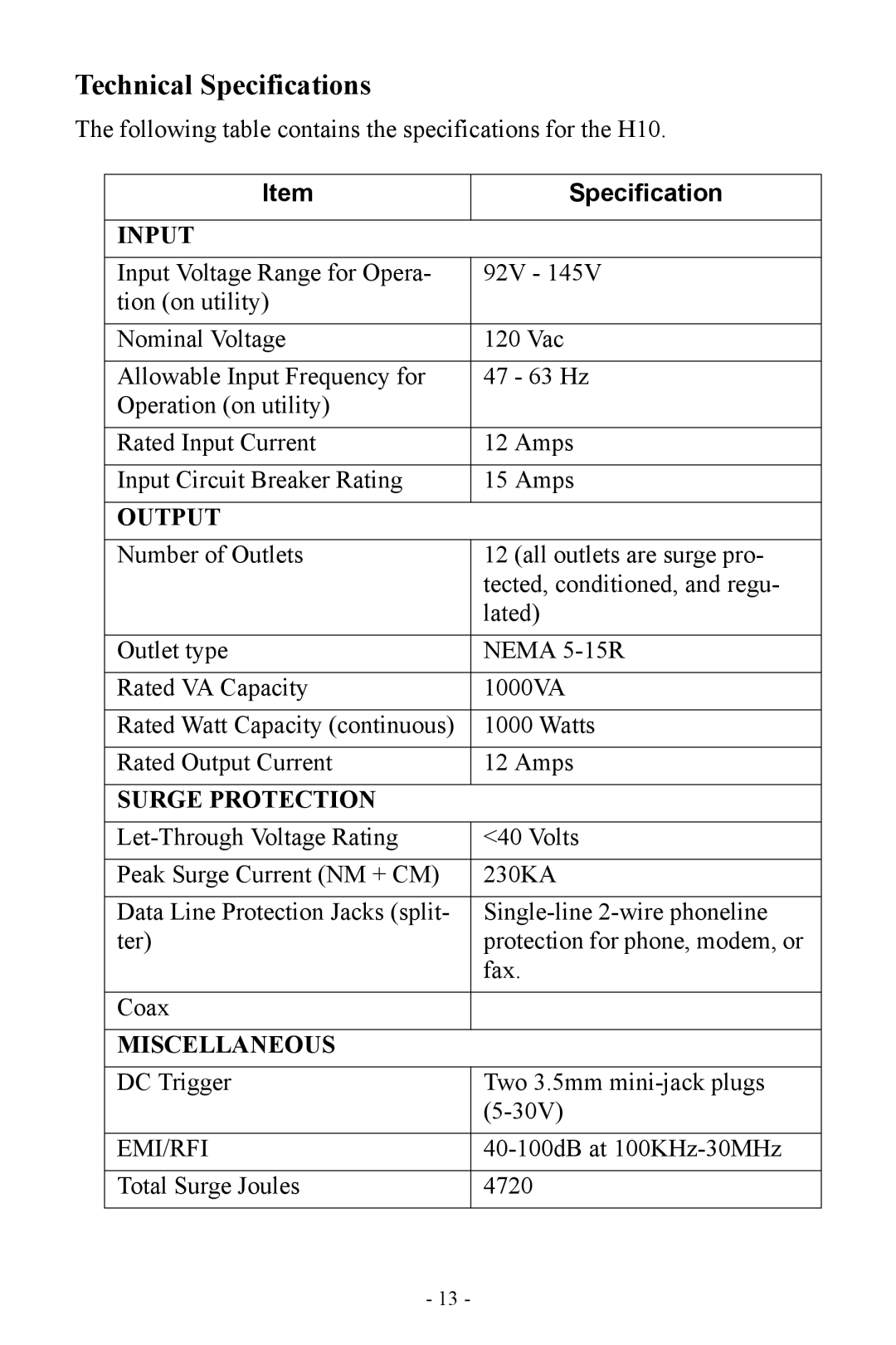 APC H10 manual Technical Specifications 