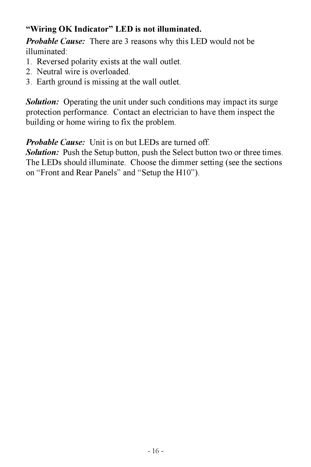 APC H10 manual Wiring OK Indicator LED is not illuminated 