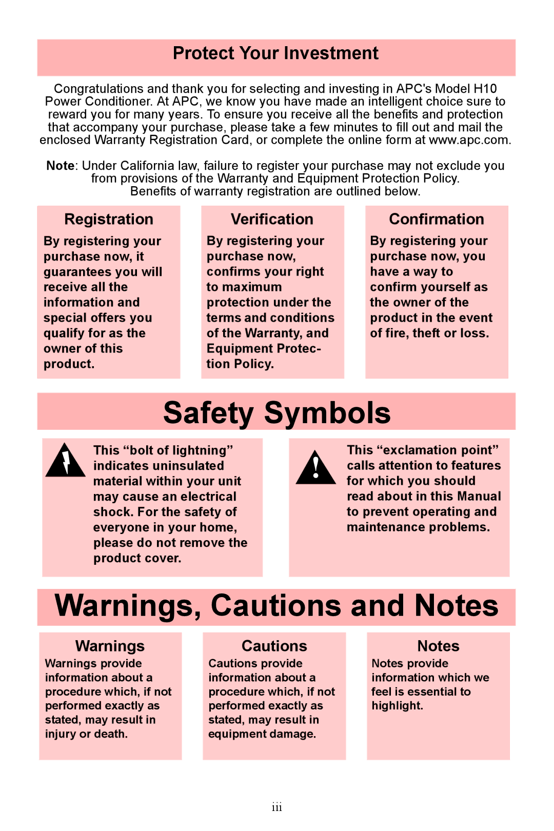 APC H10 manual Safety Symbols 