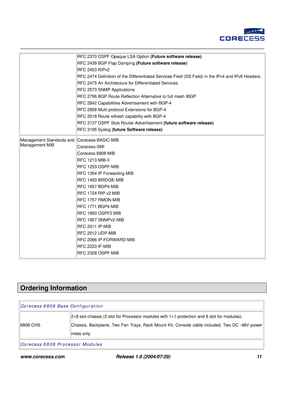 APC IP DSLAM manual Ordering Information, Corecess 6808 Base Configuration, Corecess 6808 Processor Modules 