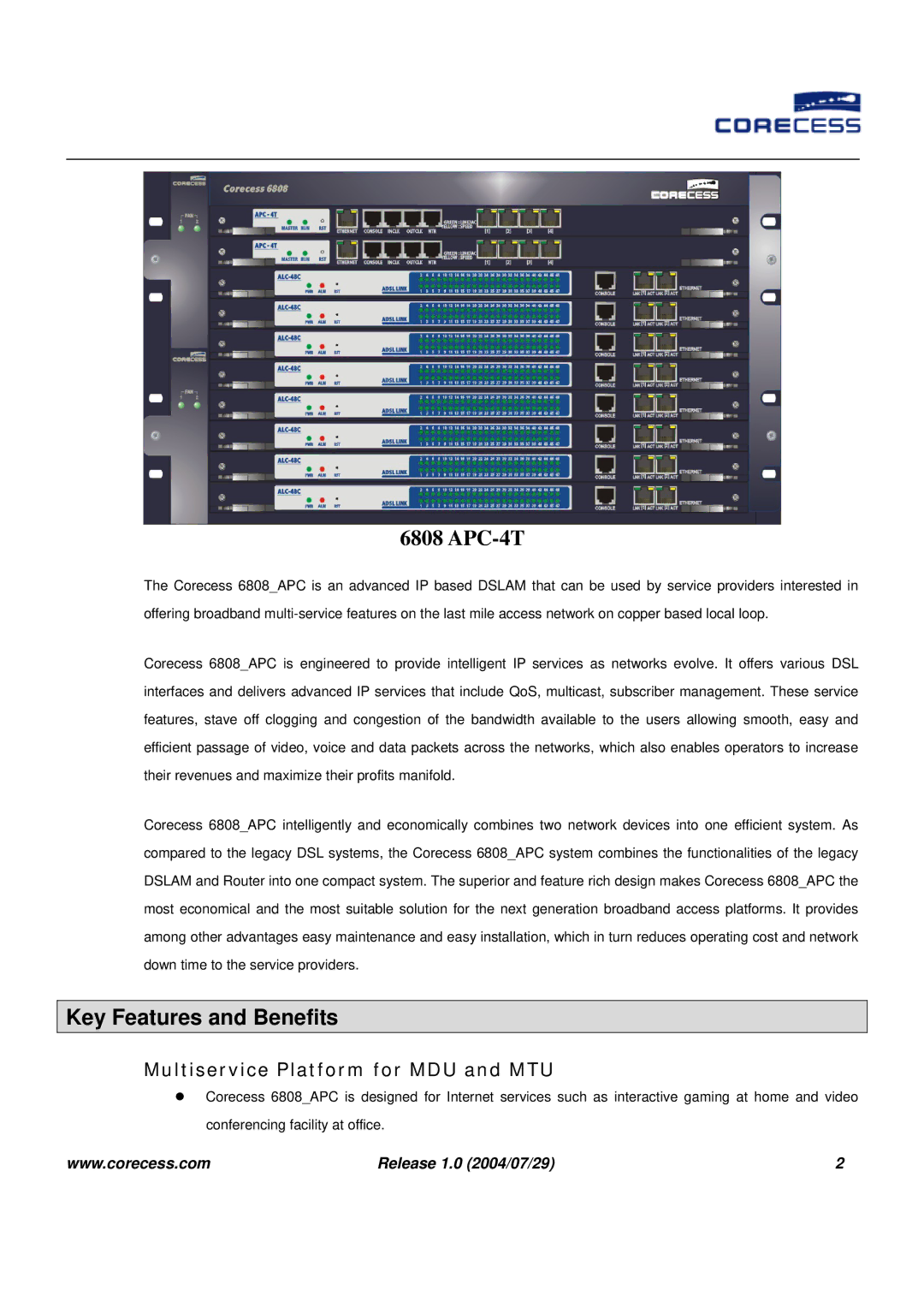 APC IP DSLAM manual Key Features and Benefits, Multiservice Platform for MDU and MTU 