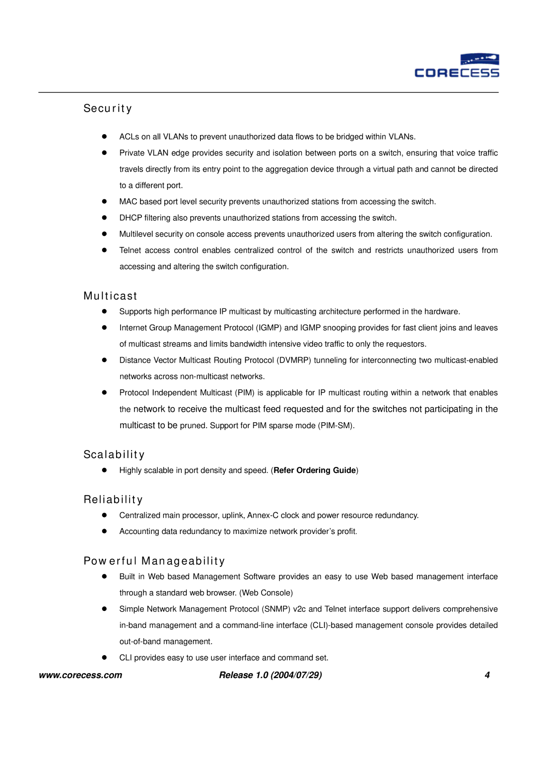 APC IP DSLAM manual Security, Multicast, Scalability, Reliability, Powerful Manageability 