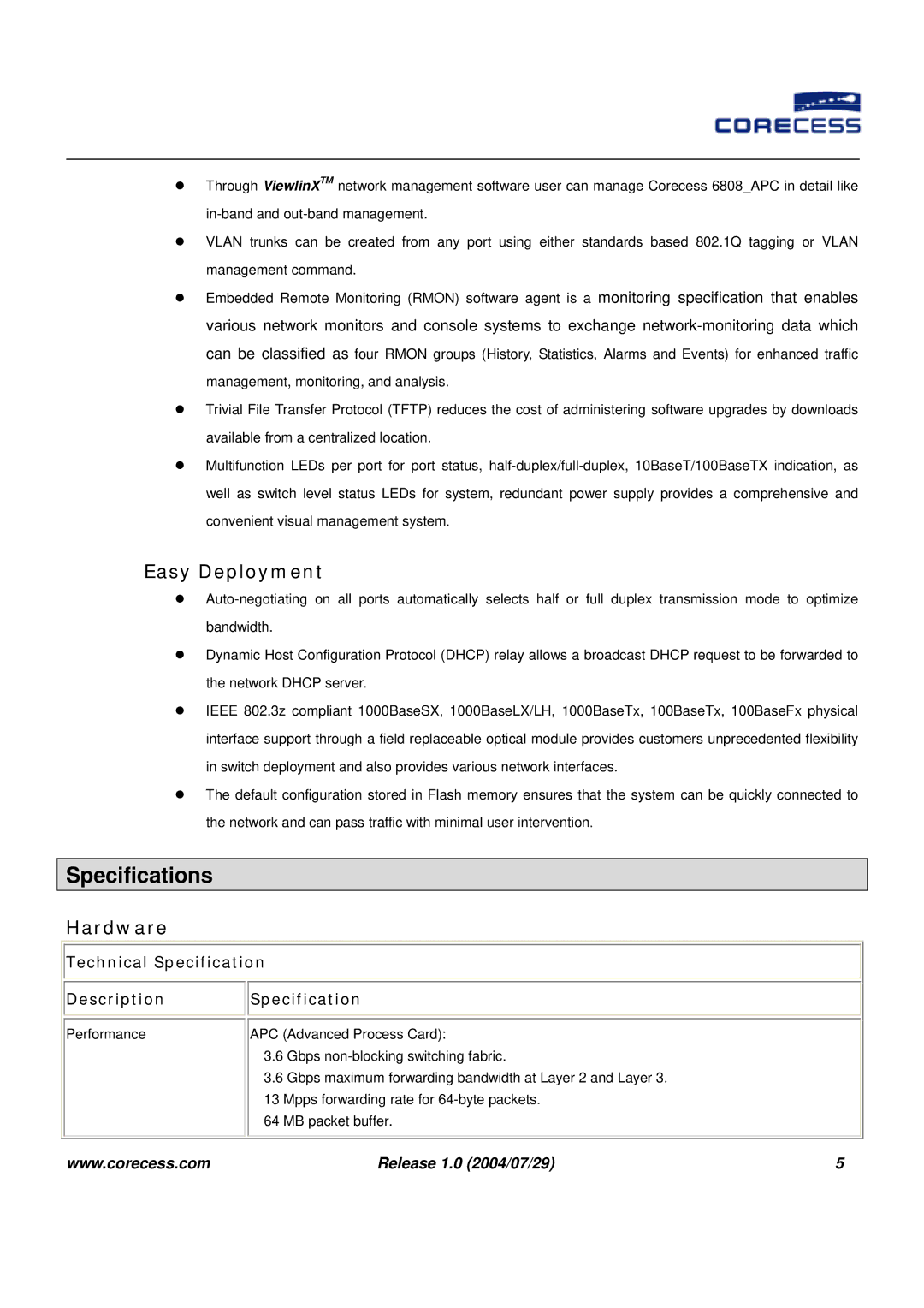 APC IP DSLAM manual Specifications, Easy Deployment, Hardware, Technical Specification Description 