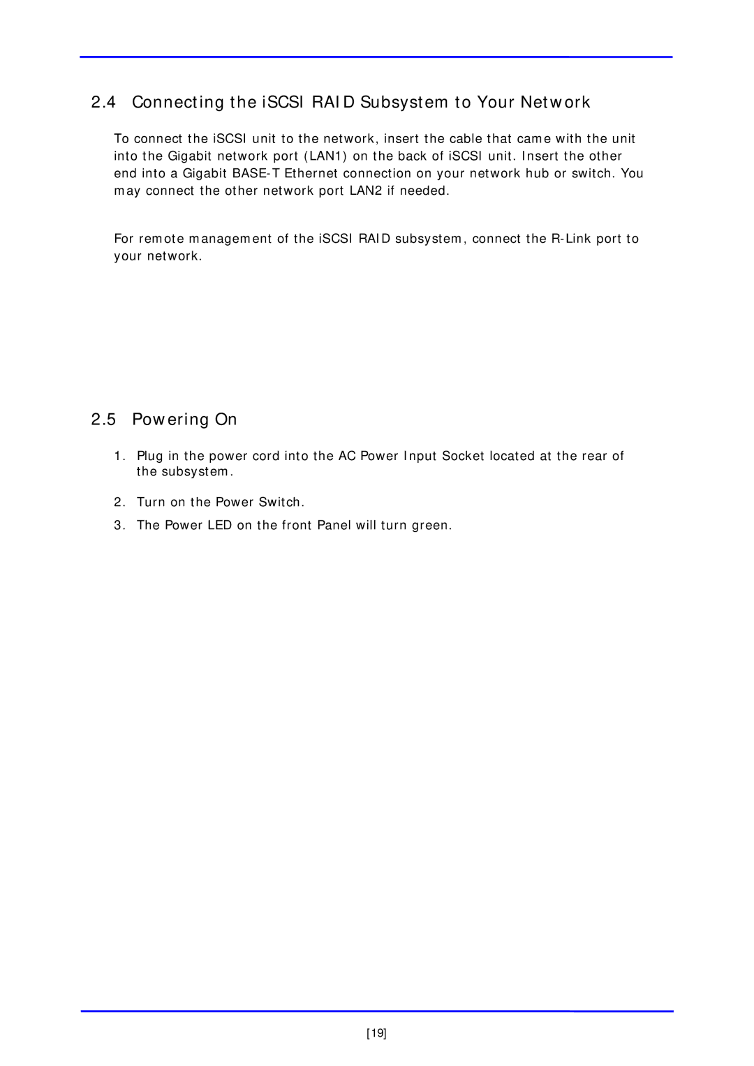 APC iSCSI SATA II installation and configuration manual Connecting the iSCSI RAID Subsystem to Your Network, Powering On 