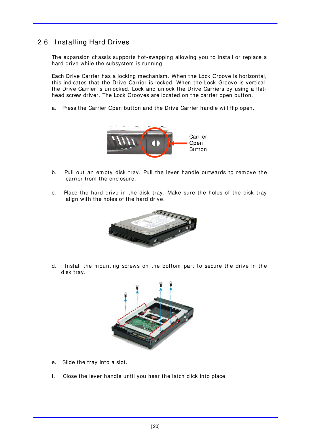 APC iSCSI SATA II installation and configuration manual Installing Hard Drives, Carrier Open Button 