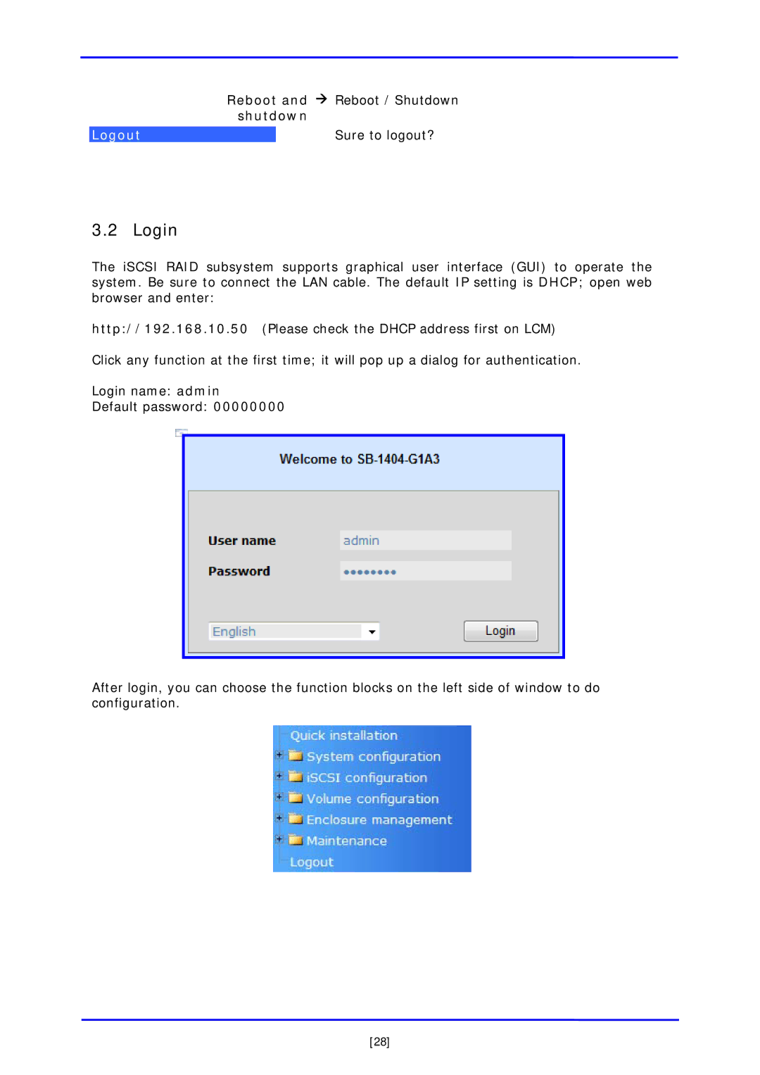 APC iSCSI SATA II installation and configuration manual Login, Reboot and Æ Reboot / Shutdown, Sure to logout? 