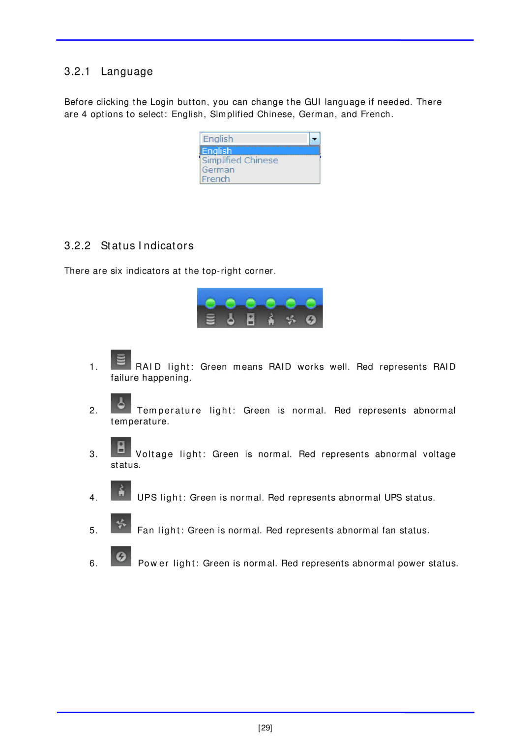 APC iSCSI SATA II installation and configuration manual Language, Status Indicators 