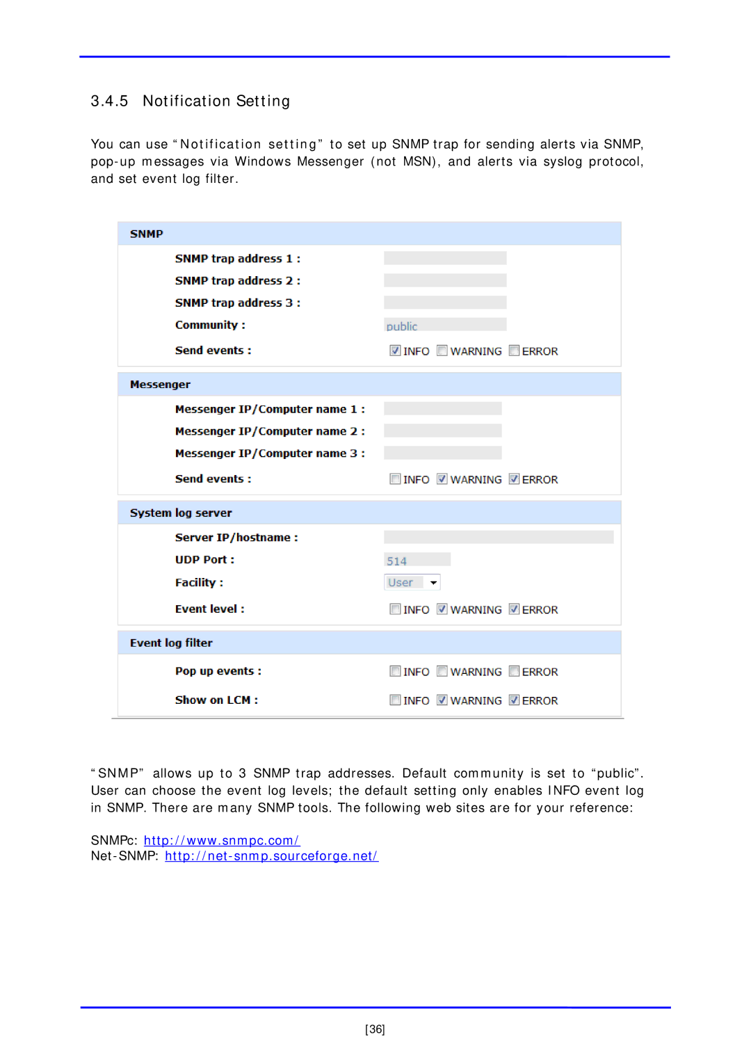 APC iSCSI SATA II installation and configuration manual Notification Setting, Net-SNMPhttp//net-snmp.sourceforge.net 