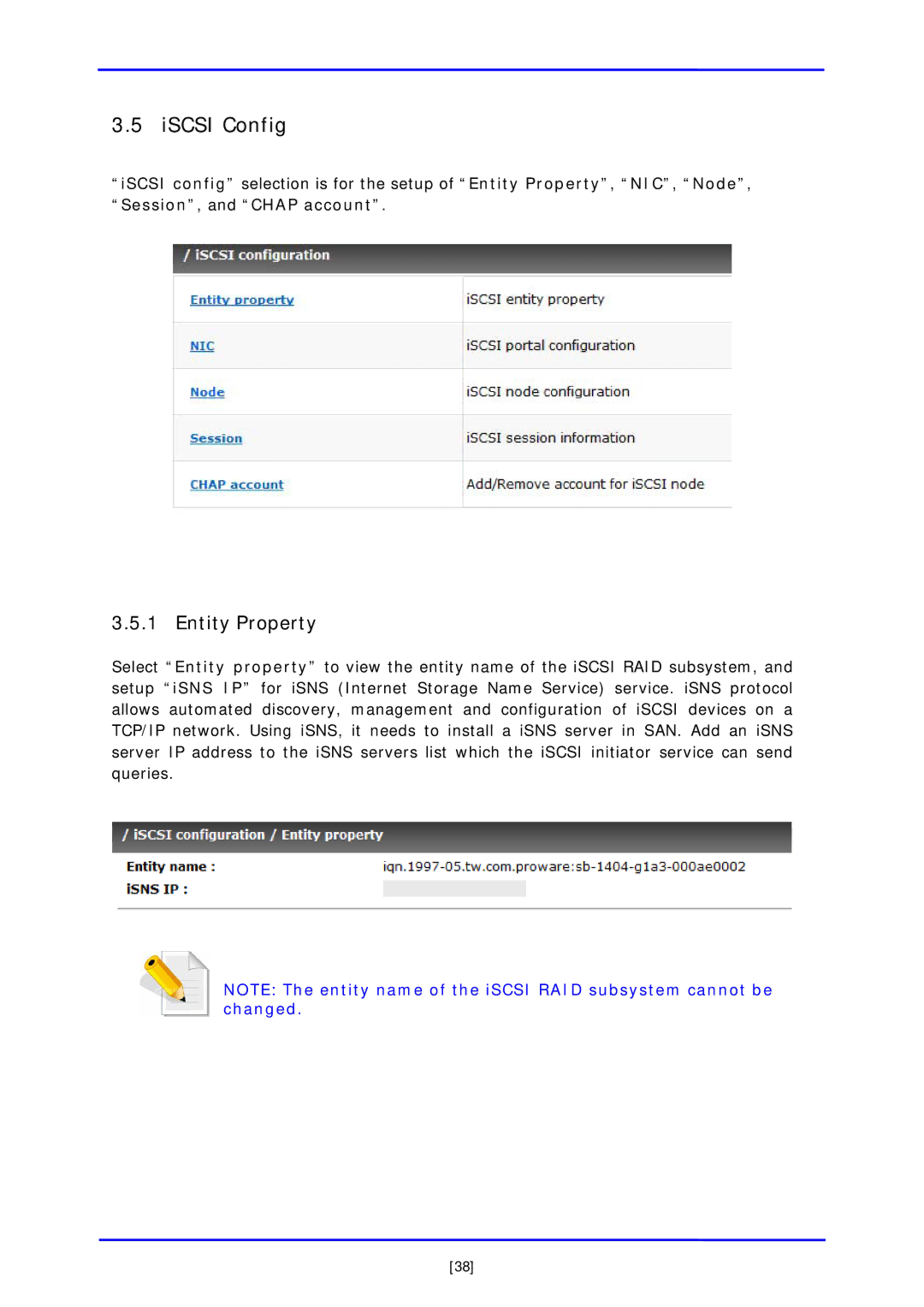 APC iSCSI SATA II installation and configuration manual ISCSI Config, Entity Property 