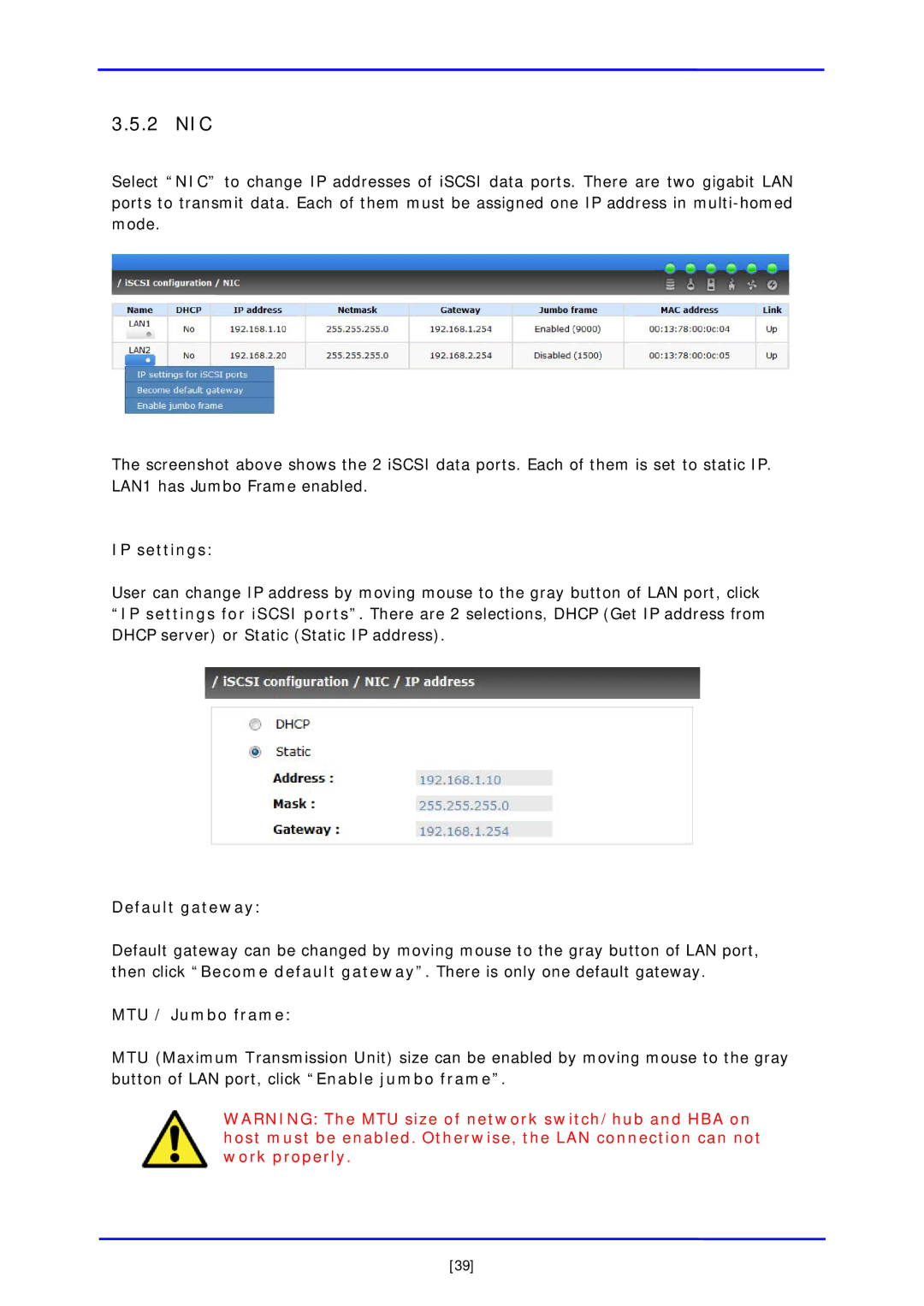 APC iSCSI SATA II installation and configuration manual 2 NIC, IP settings, Default gateway, MTU / Jumbo frame 