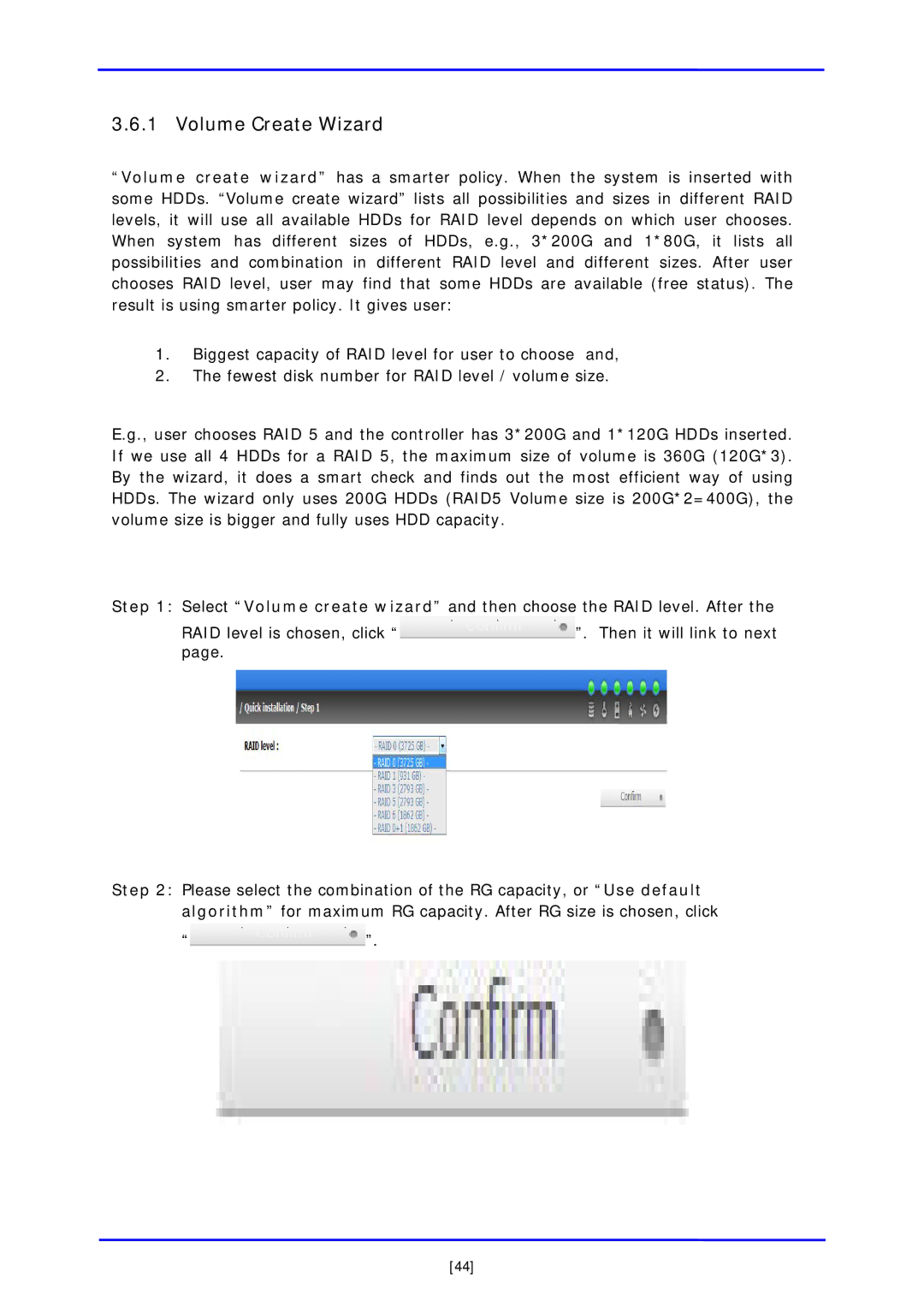 APC iSCSI SATA II installation and configuration manual Volume Create Wizard 