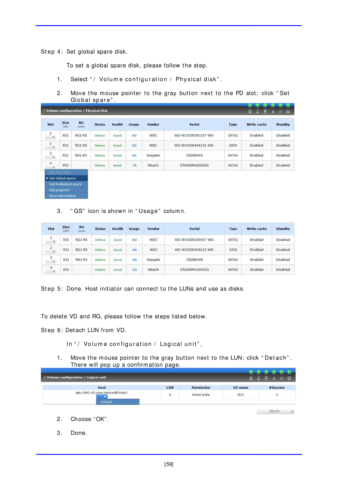 APC iSCSI SATA II Select / Volume configuration / Physical disk, Volume configuration / Logical unit 