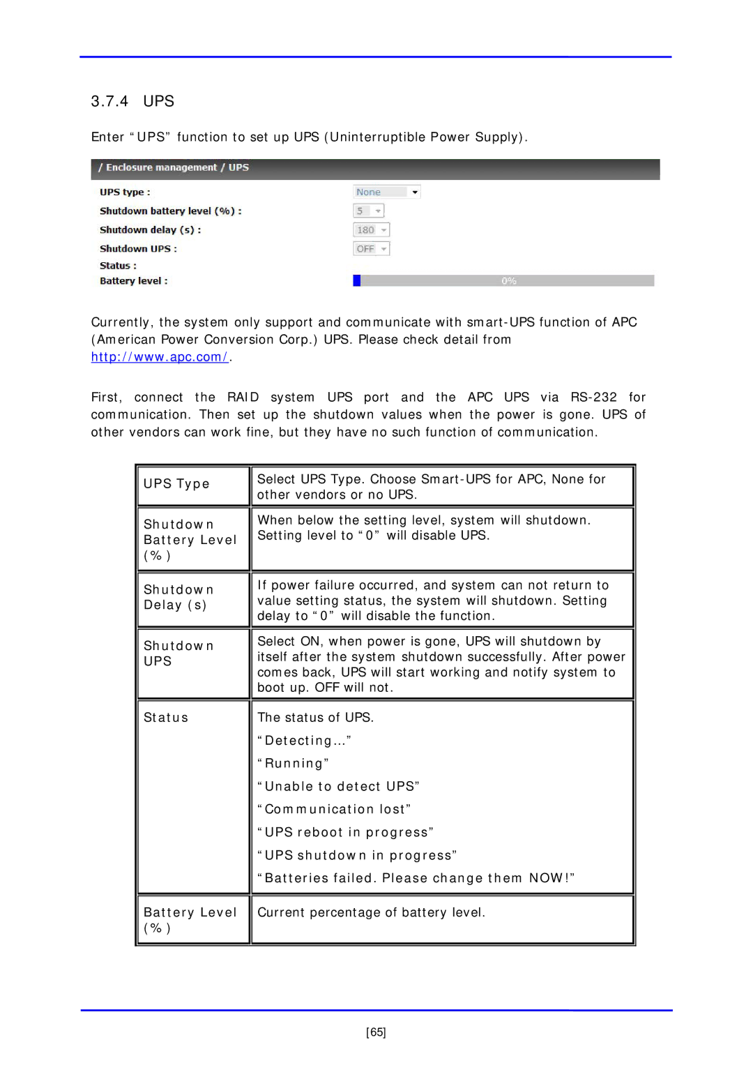 APC iSCSI SATA II installation and configuration manual 4 UPS, UPS Type Shutdown Battery Level Shutdown Delay s 