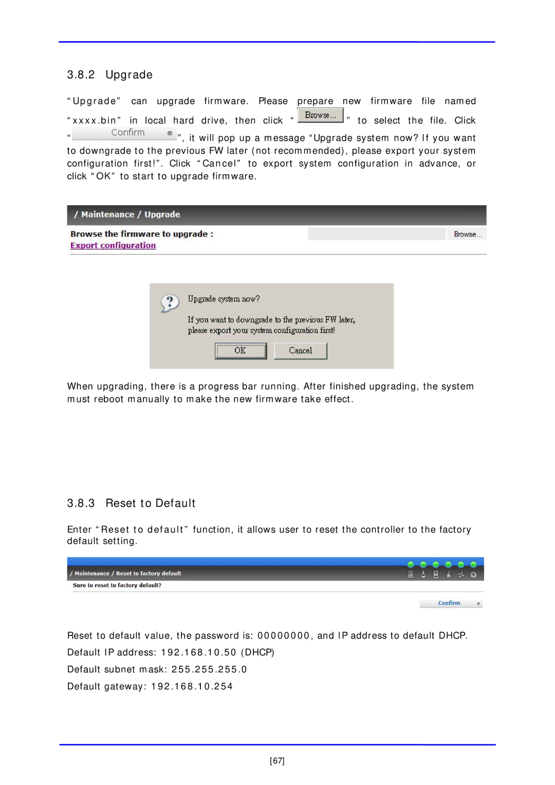 APC iSCSI SATA II installation and configuration manual Upgrade, Reset to Default 