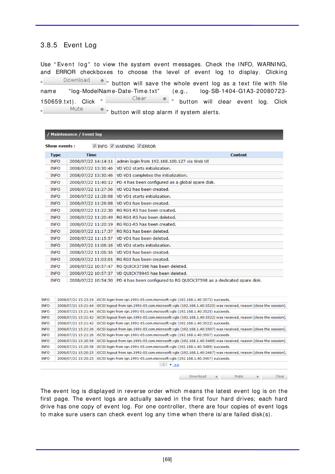 APC iSCSI SATA II installation and configuration manual Event Log 