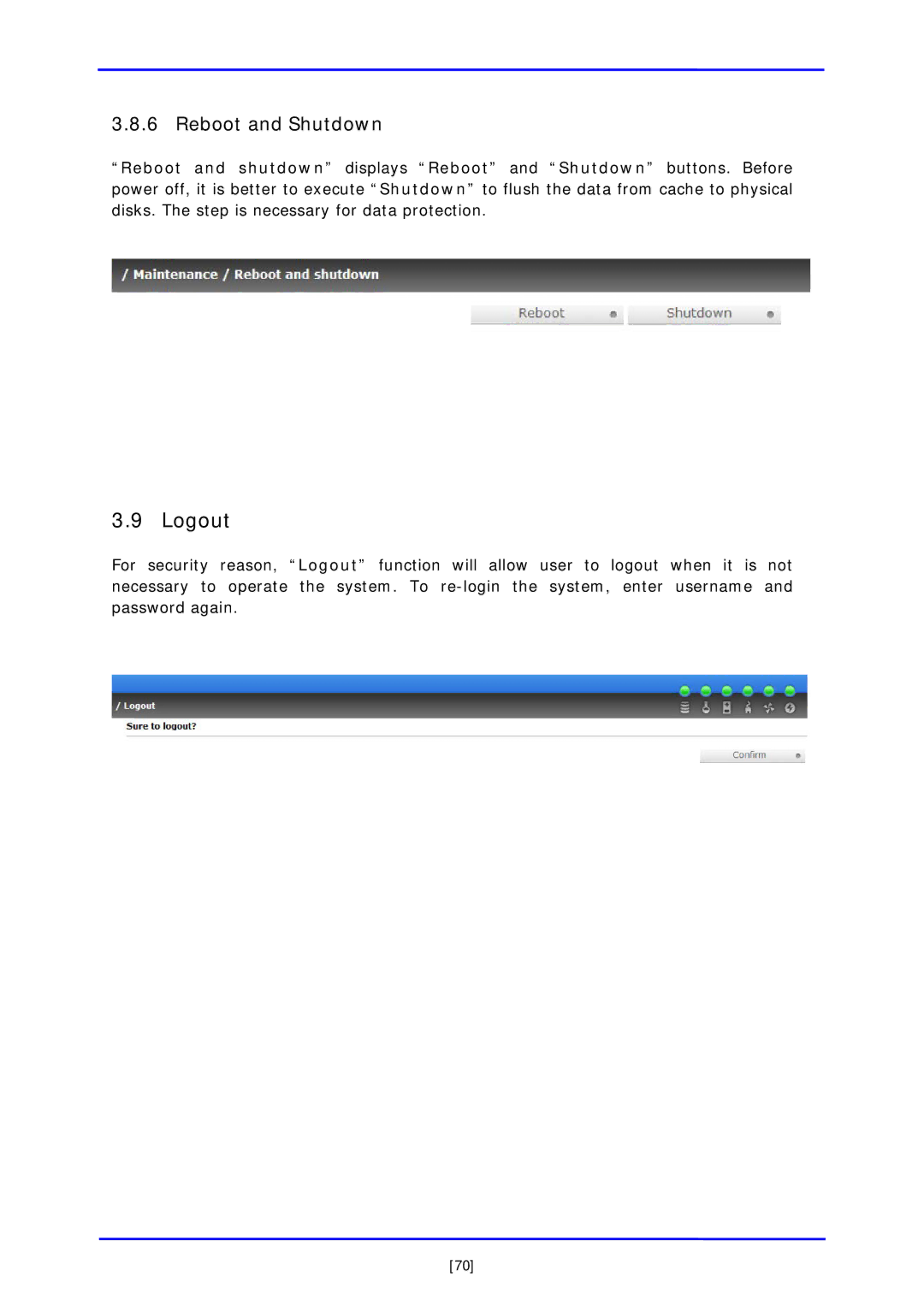 APC iSCSI SATA II installation and configuration manual Logout, Reboot and Shutdown 