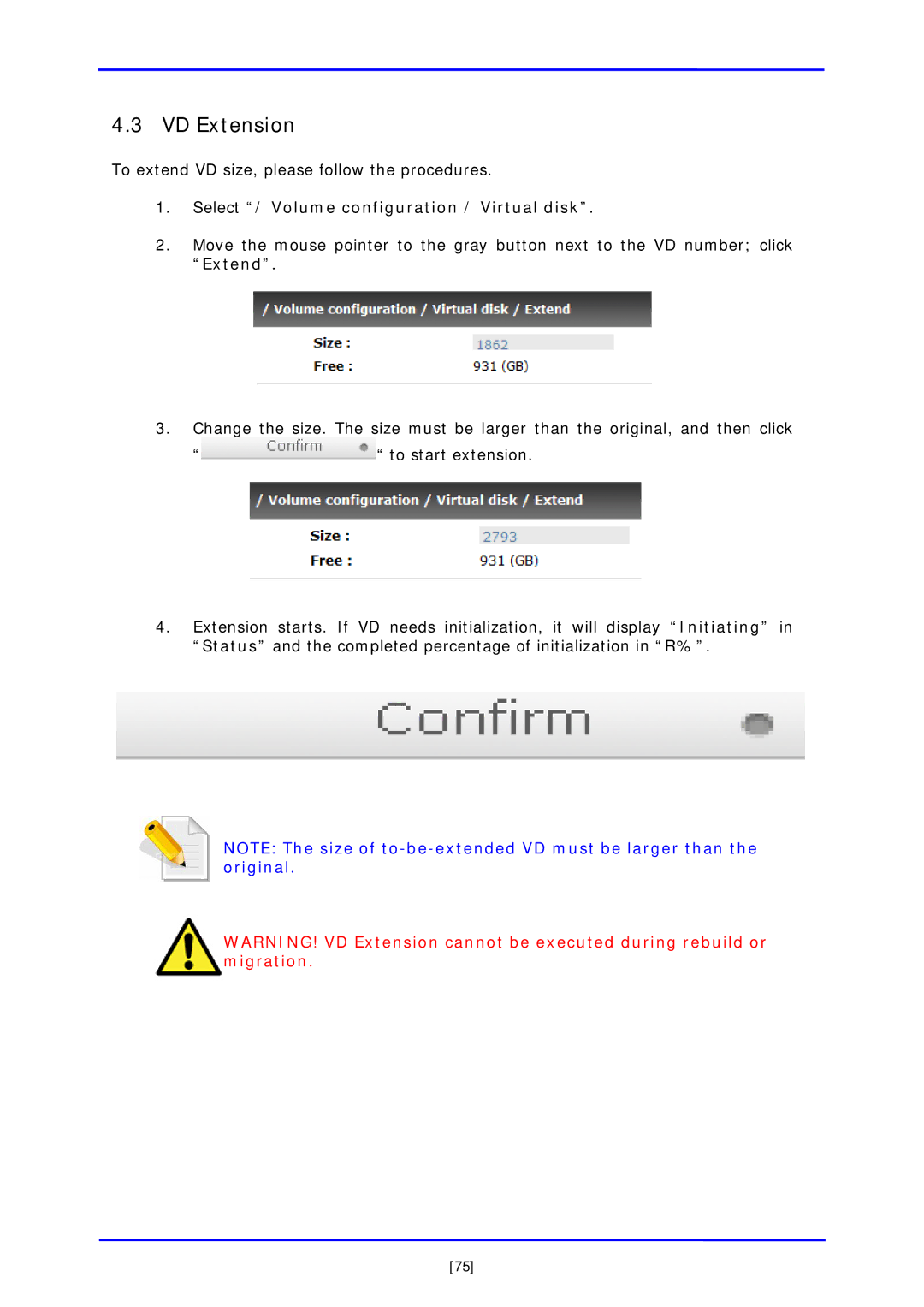 APC iSCSI SATA II installation and configuration manual VD Extension, Select / Volume configuration / Virtual disk 