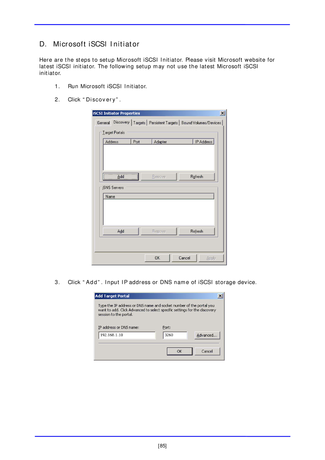 APC iSCSI SATA II installation and configuration manual Microsoft iSCSI Initiator, Click Discovery 