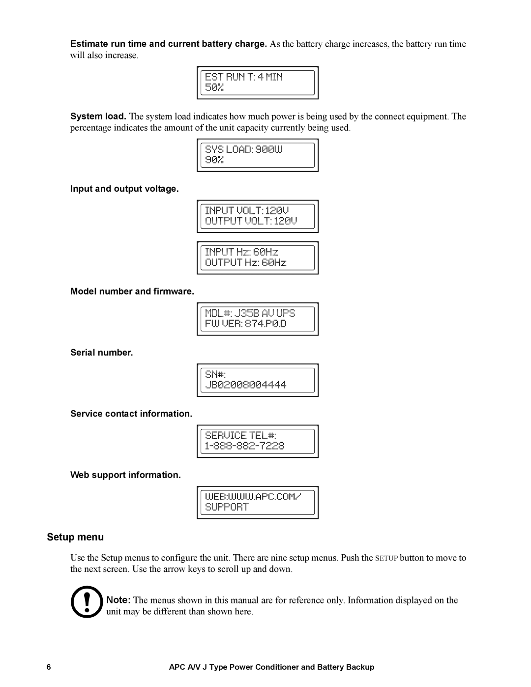 APC J35B, J25B manual Setup menu 