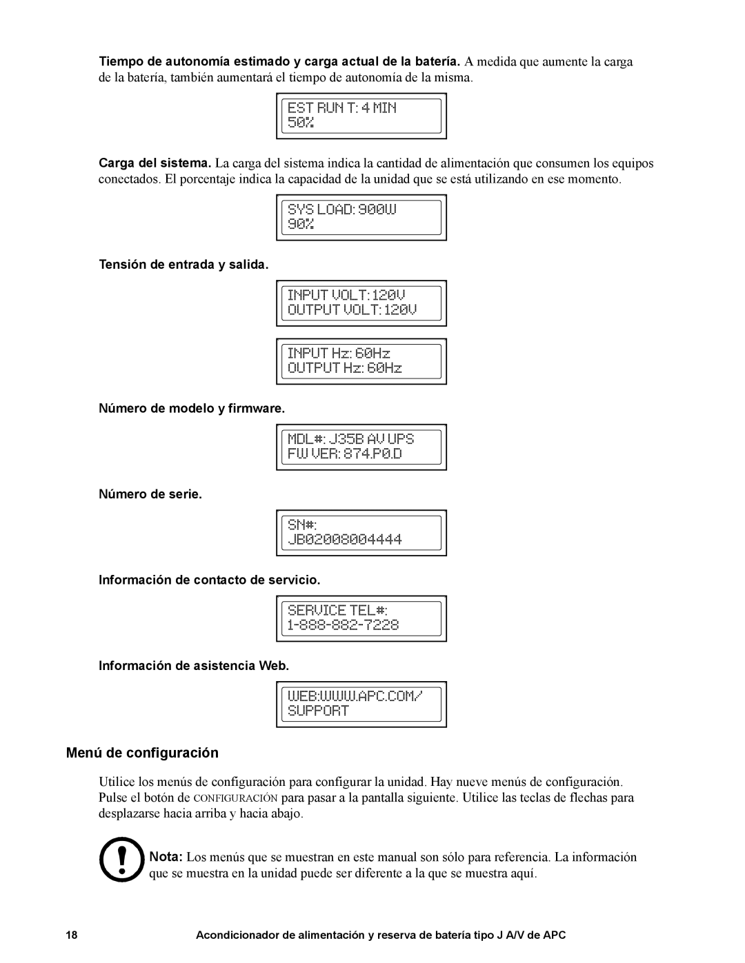 APC J35B, J25B manual Menú de configuración 