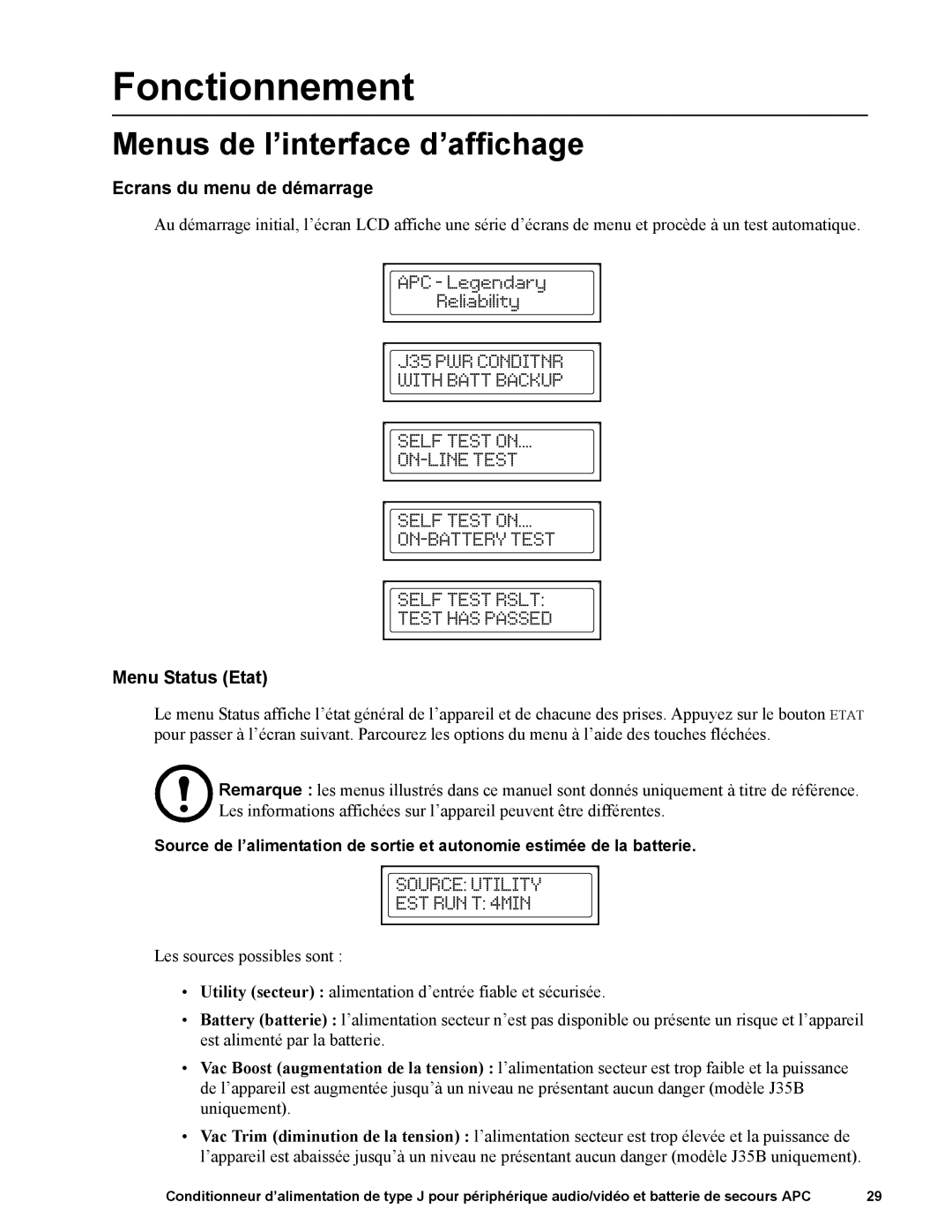 APC J25B, J35B manual Fonctionnement, Menus de l’interface d’affichage, Ecrans du menu de démarrage, Menu Status Etat 