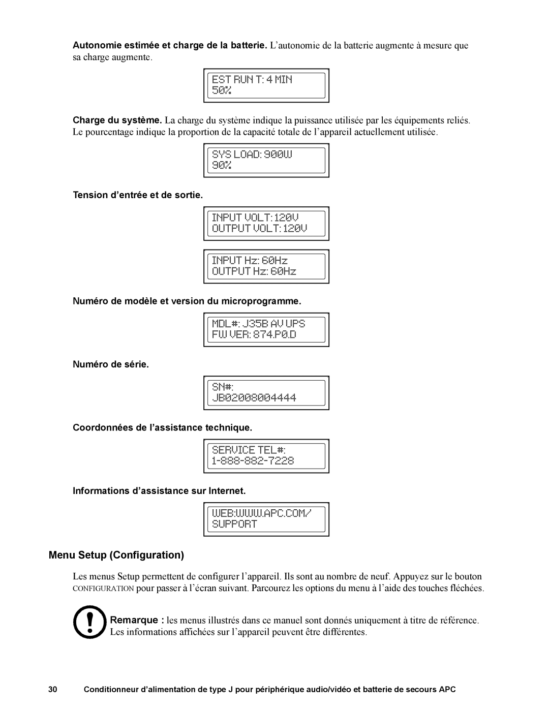 APC J35B, J25B manual Menu Setup Configuration 