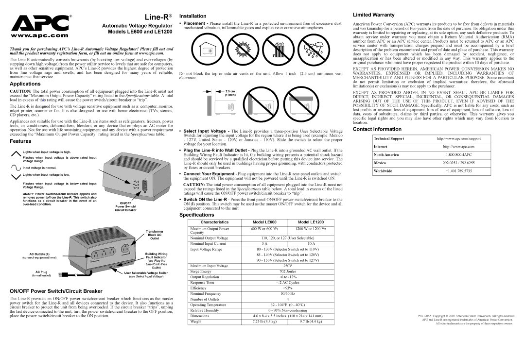 APC specifications Automatic Voltage Regulator, Models LE600 and LE1200, Applications, Installation, Limited Warranty 