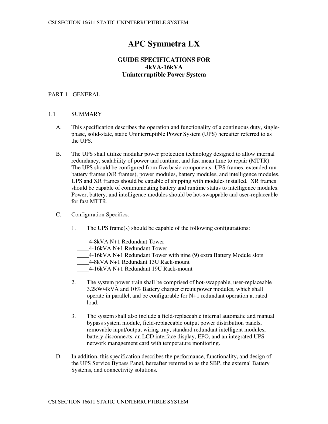 APC specifications APC Symmetra LX, Part 1 General Summary 