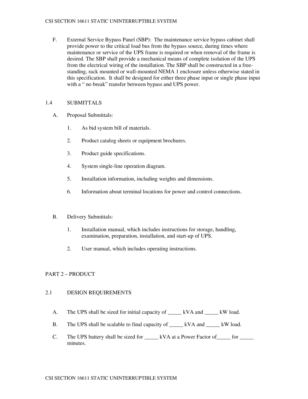 APC LX specifications Submittals, Part 2 Product Design Requirements 