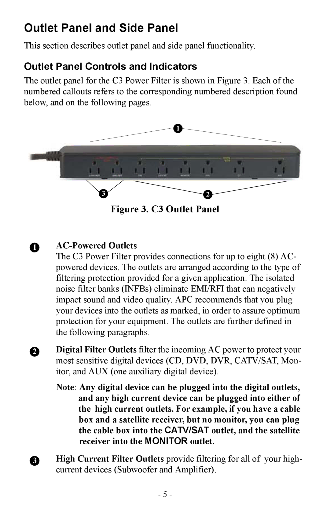 APC Model C3 and C3BLK user manual Outlet Panel and Side Panel, Outlet Panel Controls and Indicators, AC-Powered Outlets 