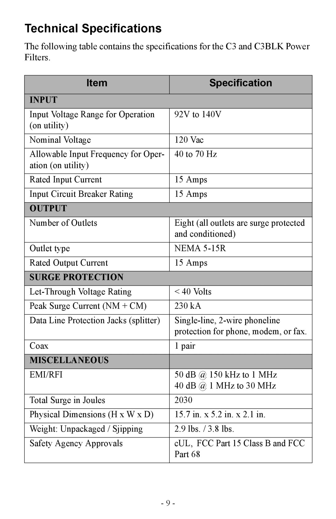 APC Model C3 and C3BLK user manual Technical Specifications 