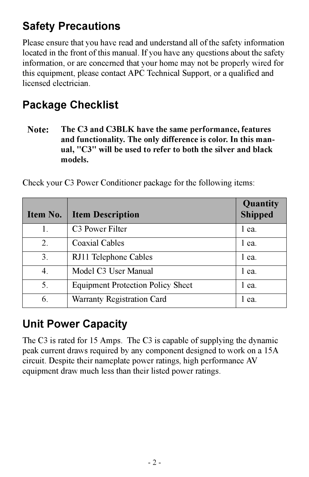 APC Model C3 and C3BLK user manual Safety Precautions, Package Checklist, Unit Power Capacity 