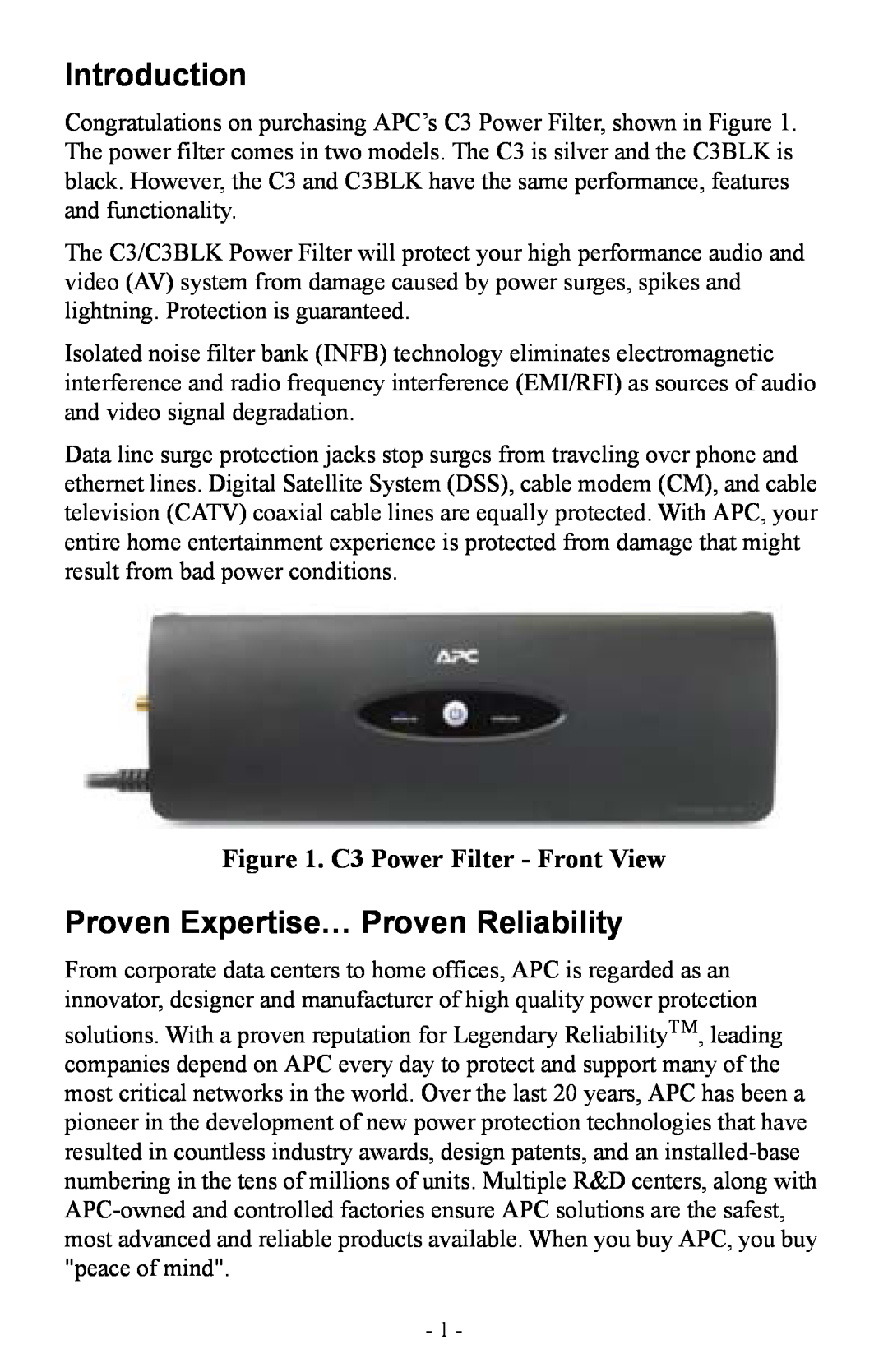 APC Model C3 and C3BLK user manual Introduction, Proven Expertise… Proven Reliability, C3 Power Filter - Front View 