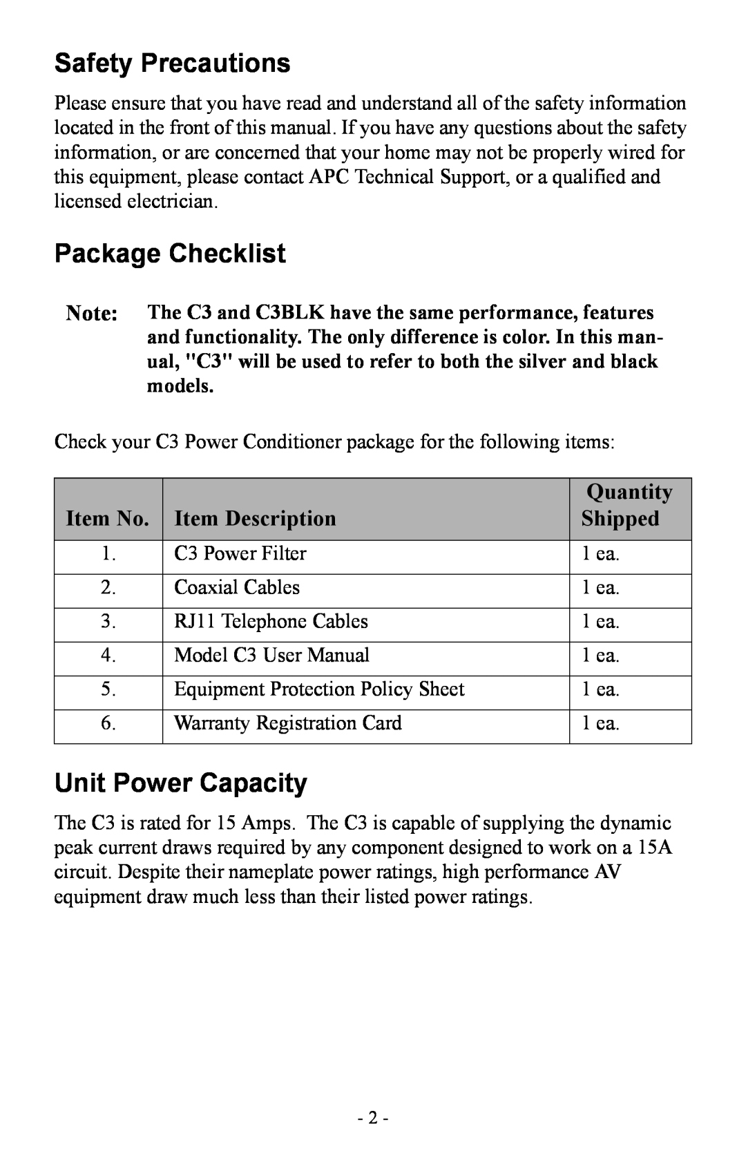 APC Model C3 and C3BLK Safety Precautions, Package Checklist, Unit Power Capacity, Quantity, Item No, Item Description 