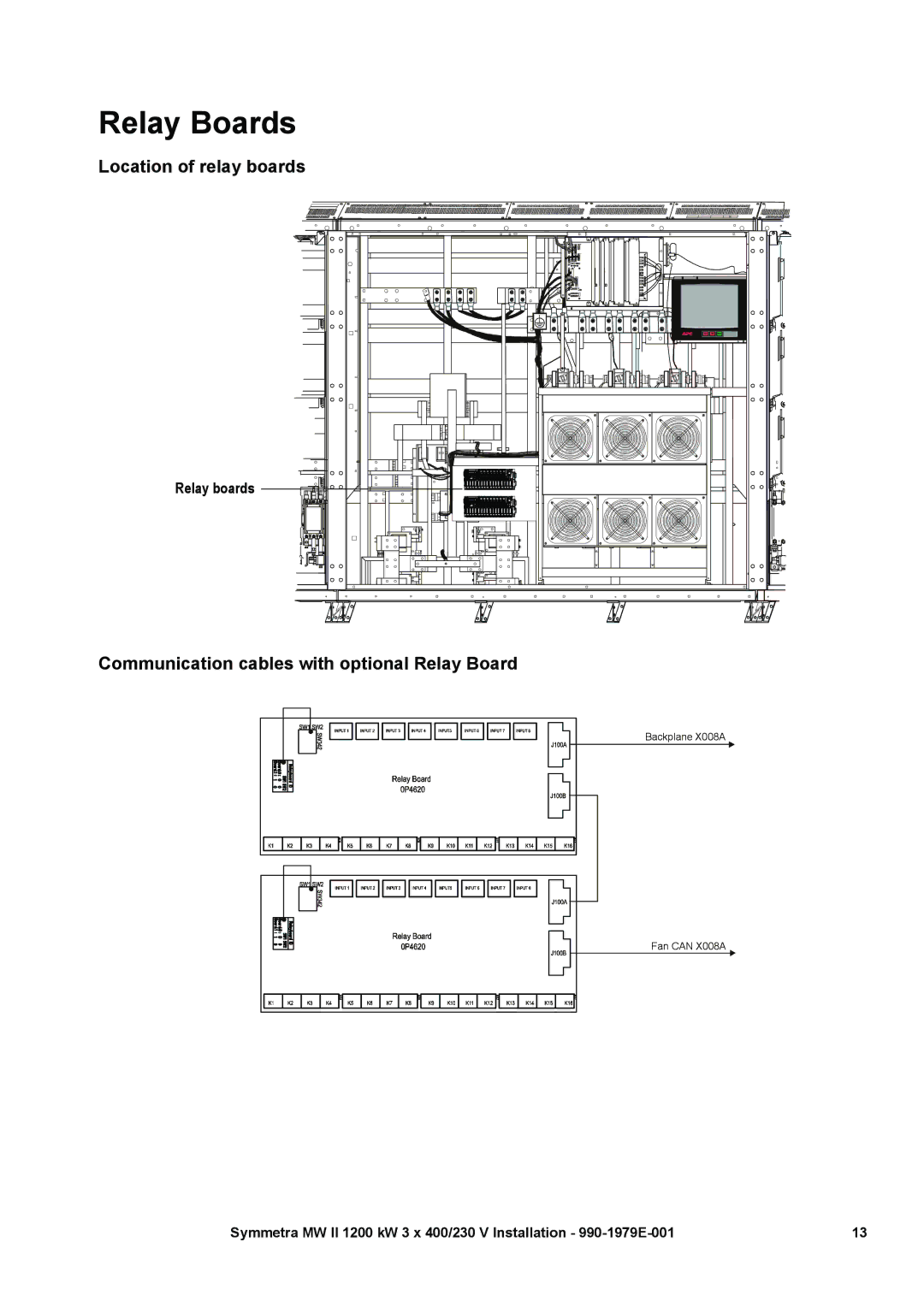 APC MW II manual Relay Boards, Location of relay boards, Communication cables with optional Relay Board 