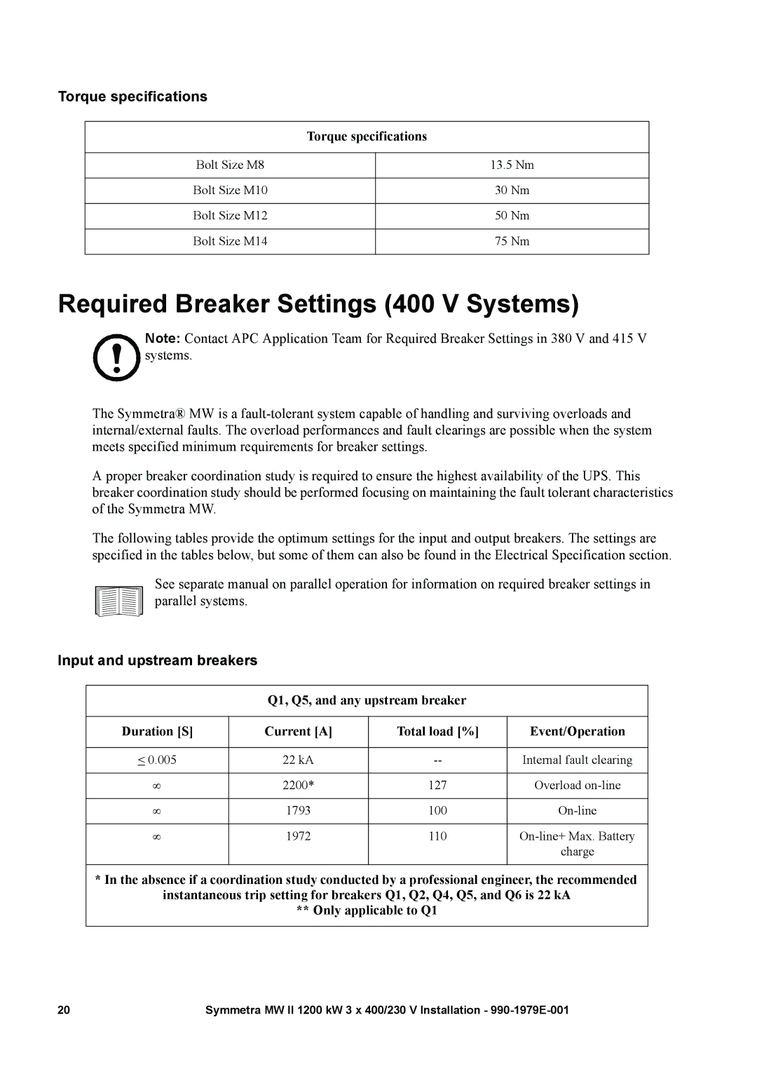 APC MW II manual Required Breaker Settings 400 V Systems, Torque specifications, Input and upstream breakers 