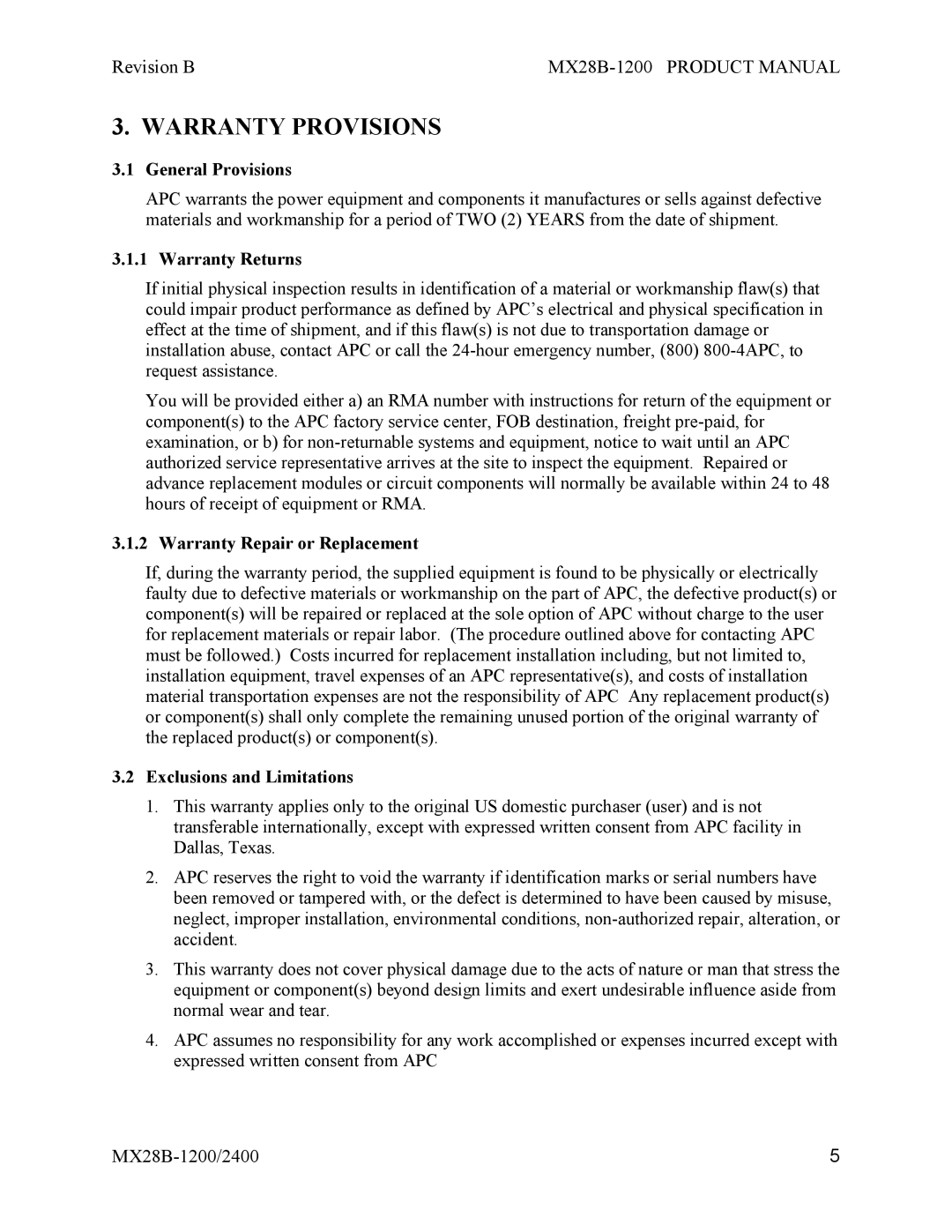APC MX28B-1200, MX28B-2400 manual Warranty Provisions, General Provisions, Warranty Returns, Warranty Repair or Replacement 