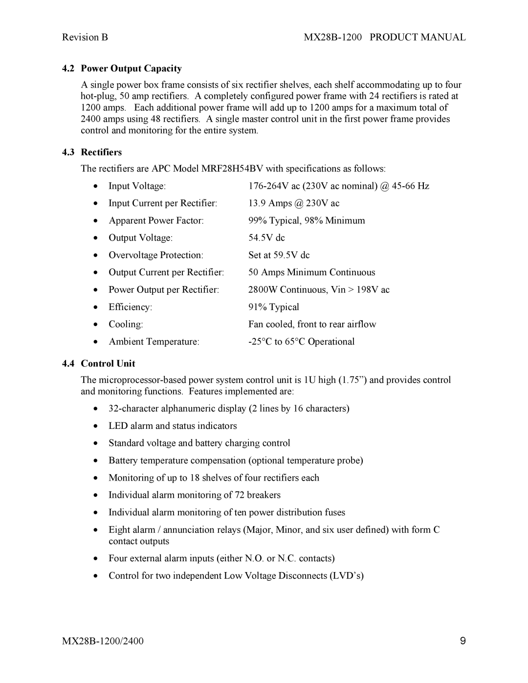 APC MX28B-1200, MX28B-2400 manual Power Output Capacity, Rectifiers, Control Unit 