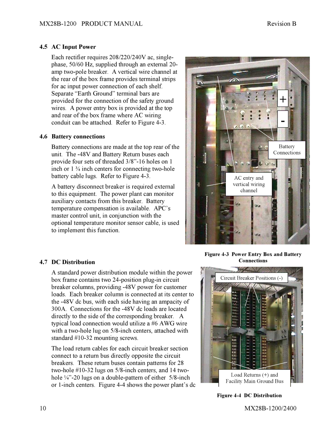 APC MX28B-2400, MX28B-1200 manual AC Input Power, Battery connections, DC Distribution 