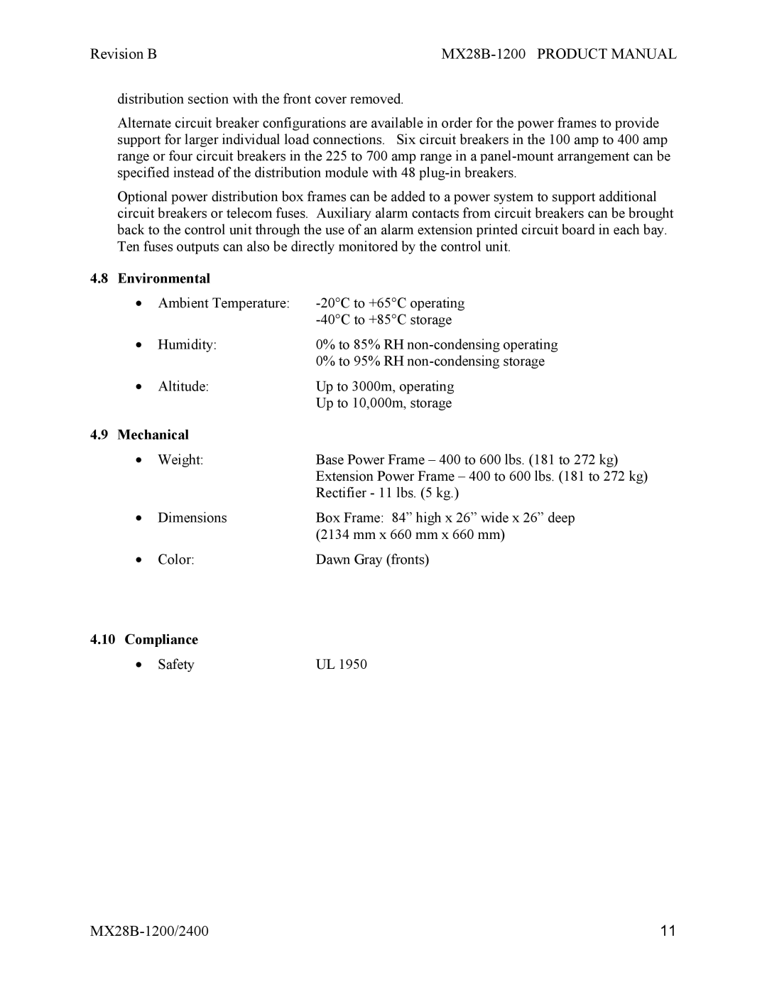 APC MX28B-1200, MX28B-2400 manual Environmental, Mechanical, Compliance 